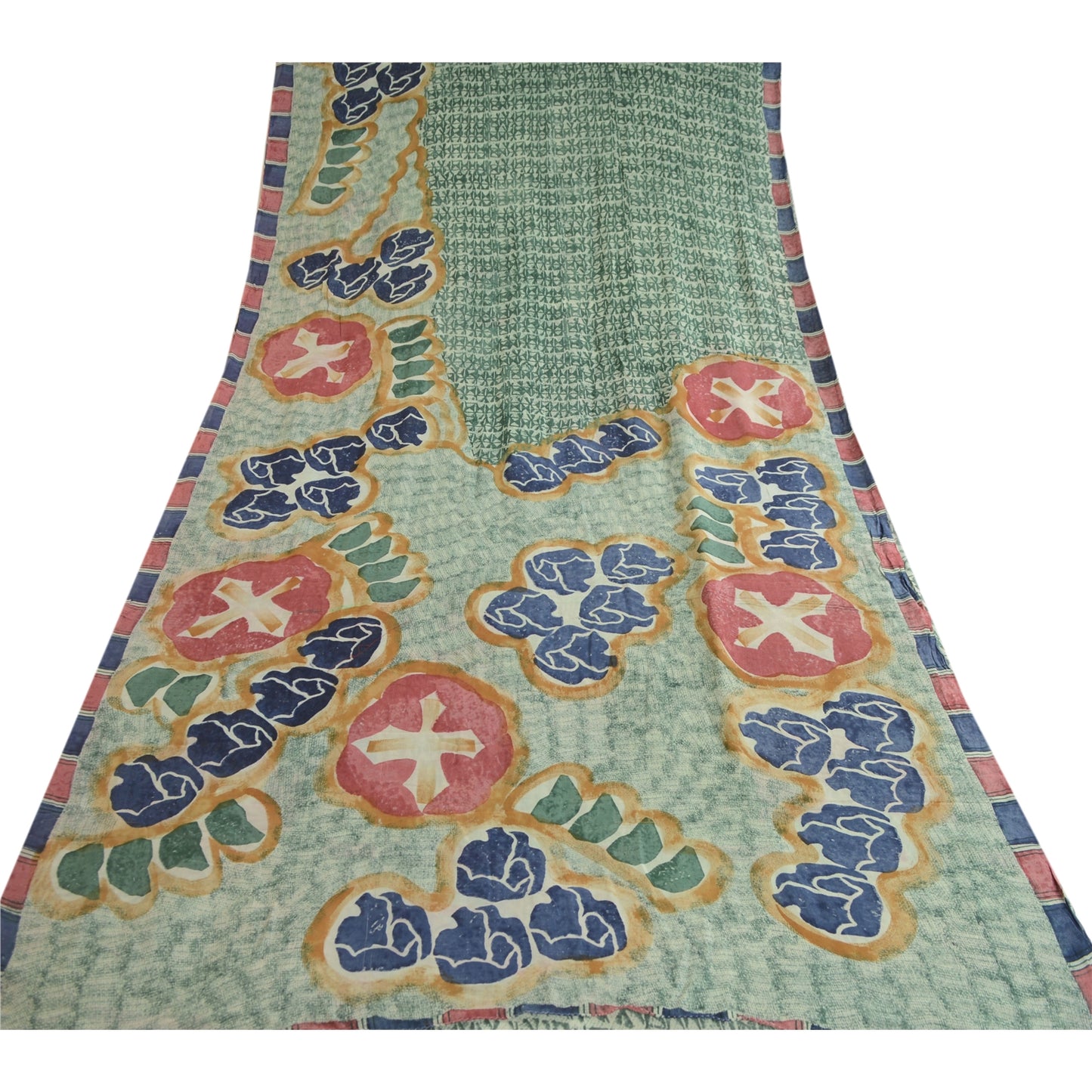 Sanskriti Vintage Sarees Green Pure Georgette Silk Printed Sari 5yd Craft Sustainable Fabric