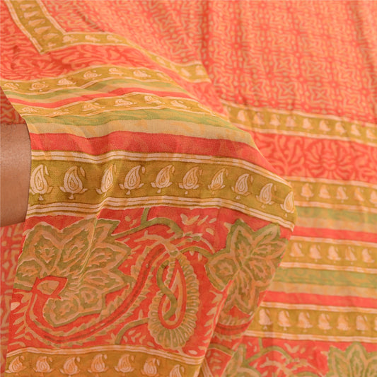 Sanskriti Vintage Sarees Red Block Printed Pure Georgette Silk Sari Craft Sustainable Fabric