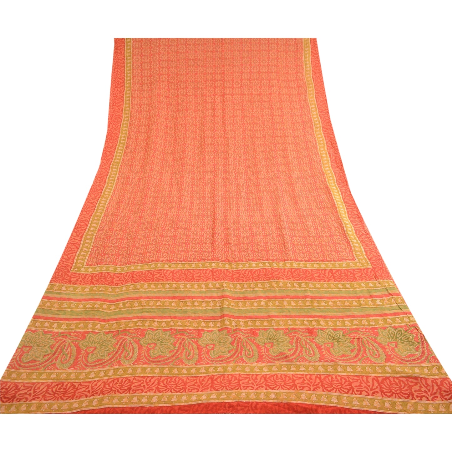 Sanskriti Vintage Sarees Red Block Printed Pure Georgette Silk Sari Craft Sustainable Fabric