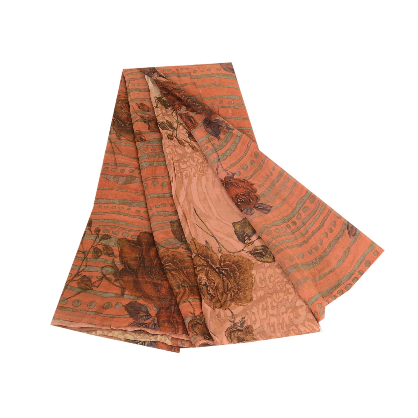 Sanskriti Vintage Sarees Peach Pure Georgette Silk Printed Sari 5yd Craft Sustainable Fabric