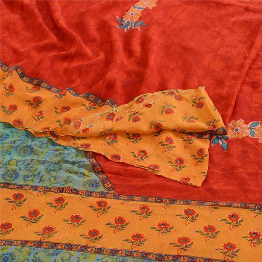 Sanskriti Vintage Sarees Red Pure Georgette Silk Printed Sari Soft Craft Sustainable Fabric