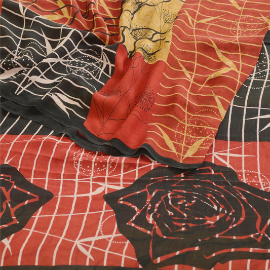 Sanskriti Vintage Sarees Red Pure Georgette Silk Printed Sari Soft Craft Sustainable Fabric
