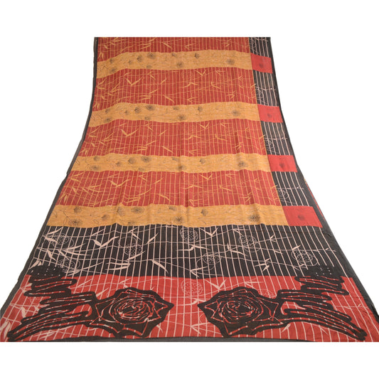 Sanskriti Vintage Sarees Red Pure Georgette Silk Printed Sari Soft Craft Sustainable Fabric