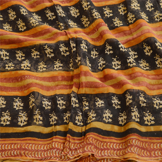 Sanskriti Vintage Sarees Black Pure Georgette Printed Silk Sari 5yd Craft Sustainable Fabric