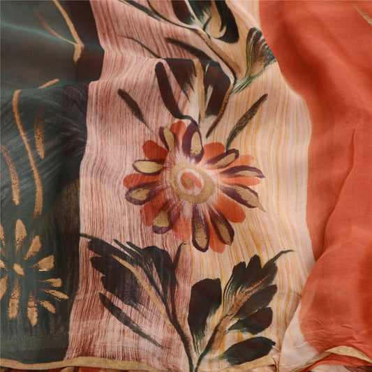 Sanskriti Vintage Sarees Orange Blend Georgette Printed Sari Floral Craft Sustainable Fabric