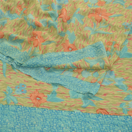 Sanskriti Vintage Sarees Green Pure Georgette Silk Printed Sari 5yd Craft Sustainable Fabric