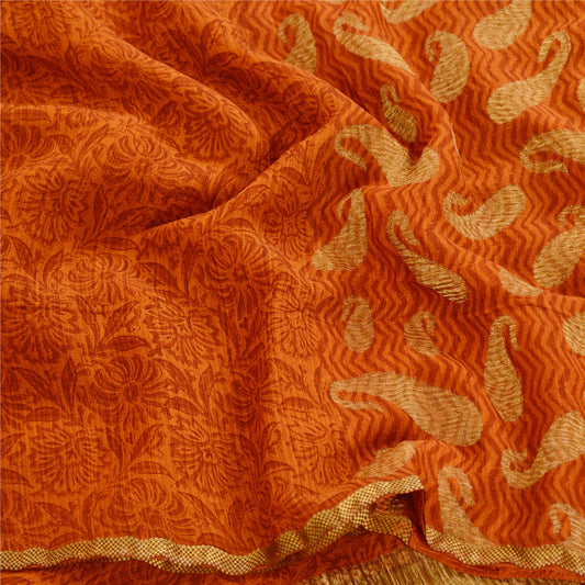 Sanskriti Vintage Sarees RustyOrange Pure Georgette Silk Print Woven Sari Sustainable Fabric