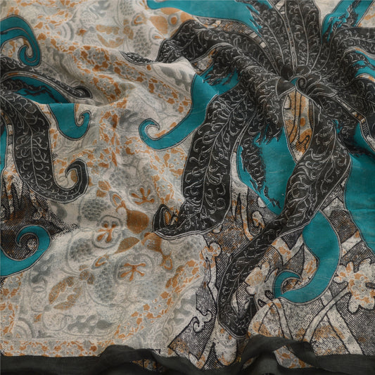 Sanskriti Vintage Sarees From India Ivory Georgette Printed Sari Craft Sustainable Fabric