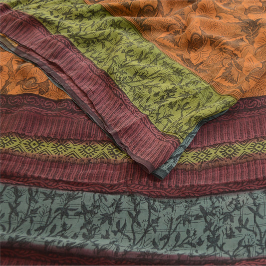 Sanskriti Vintage Sarees Multi Pure Georgette Silk Printed Sari 5yd Craft Sustainable Fabric