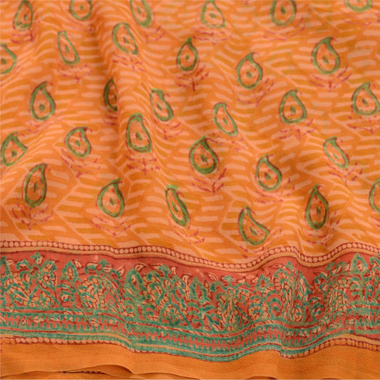 Sanskriti Vintage Sarees Saffron Pure Georgette Silk Printed Sari Craft Sustainable Fabric