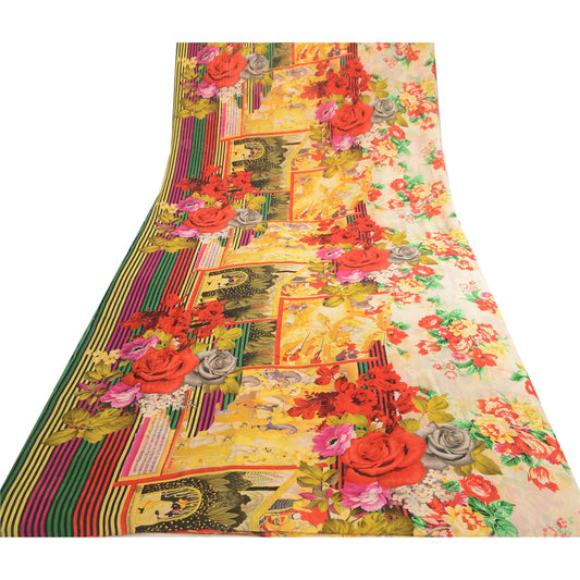 Sanskriti Vintage Sari Georgette Printed Yellow Indian Sarees 5 Yd Decor Craft Fabric For Crafting, Upcycling, or Even Wearing