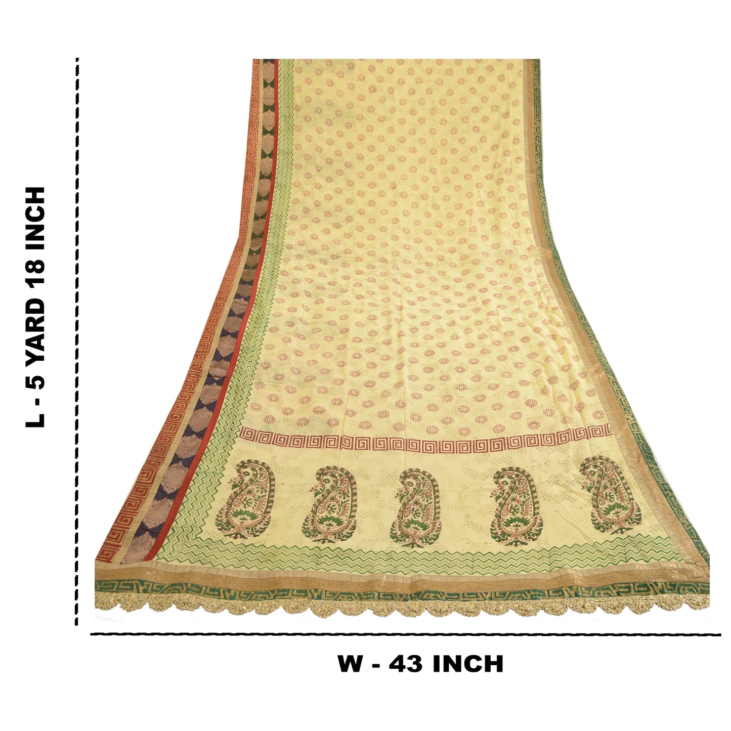 Sanskriti Vintage Sarees Ivory Hand Block Print Lace Blend Georgette Sari Sustainable Fabric