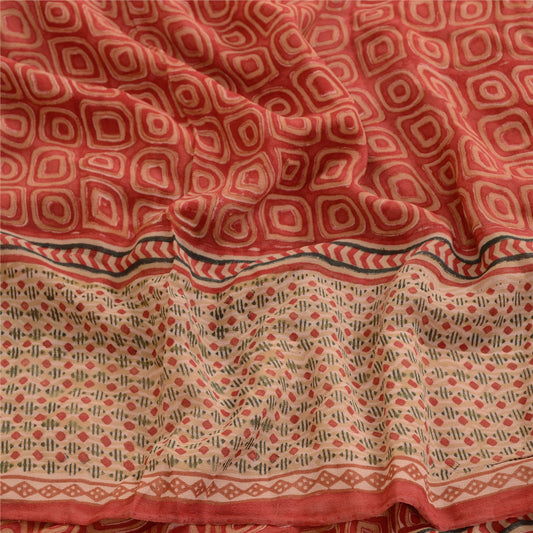 Sanskriti Vintage Sarees Red Block Printed Pure Georgette Silk Sari Craft Sustainable Fabric