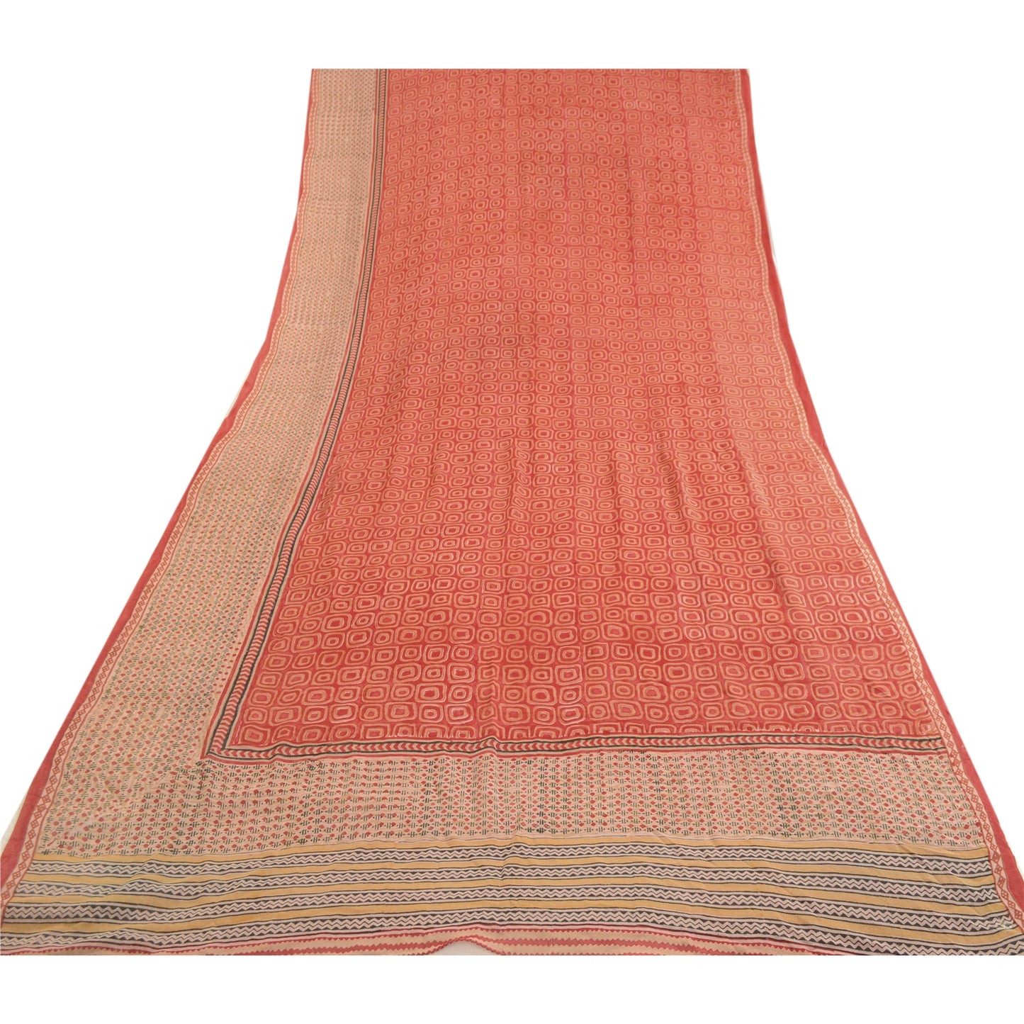 Sanskriti Vintage Sarees Red Block Printed Pure Georgette Silk Sari Craft Sustainable Fabric