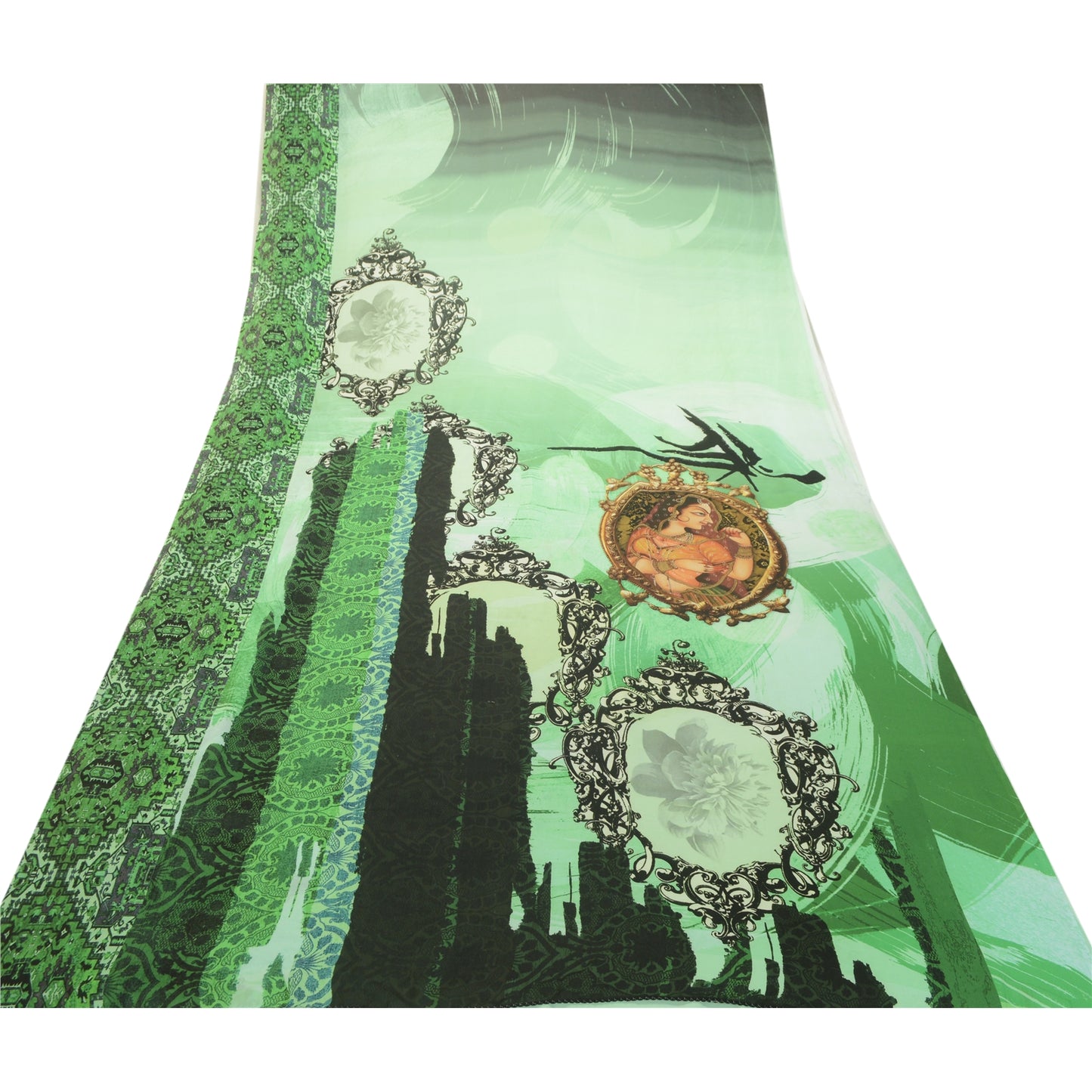 Sanskriti Vintage Sarees Green Digital Print Artificial Silk Sari Craft Sustainable Fabric