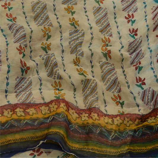 Sanskriti Vintage Sarees Pale-Cream Pure Chiffon Silk Printed Sari Craft Sustainable Fabric