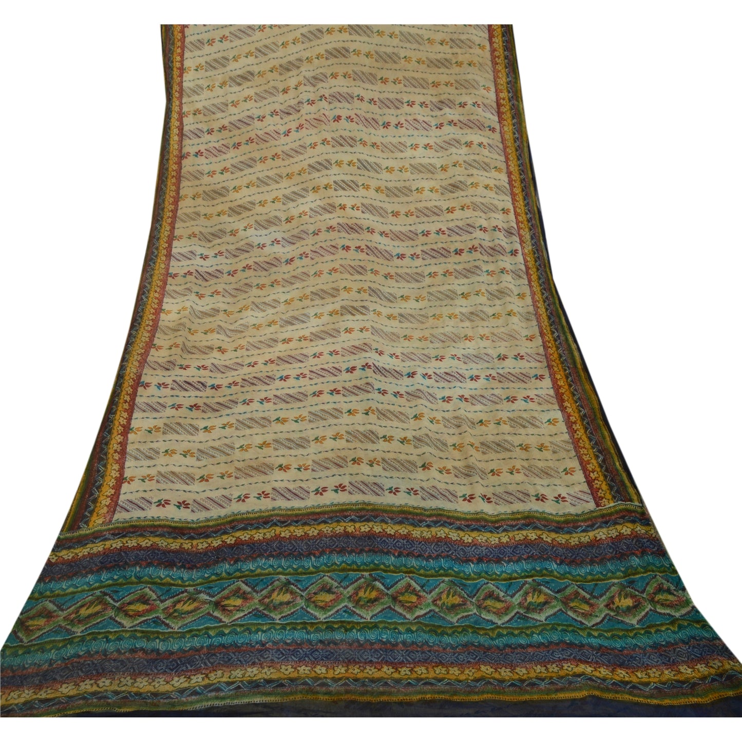 Sanskriti Vintage Sarees Pale-Cream Pure Chiffon Silk Printed Sari Craft Sustainable Fabric