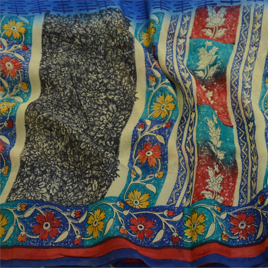 Sanskriti Vintage Sarees Black Pure Georgette Silk Printed Sari 5yd Craft Sustainable Fabric