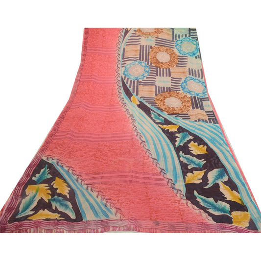 Sanskriti Vintage Sari 100% Pure Georgette Silk Saree Blush-Pink Print Sari Craft Fabric Home Decor, Women Floral Outfit, Scrap