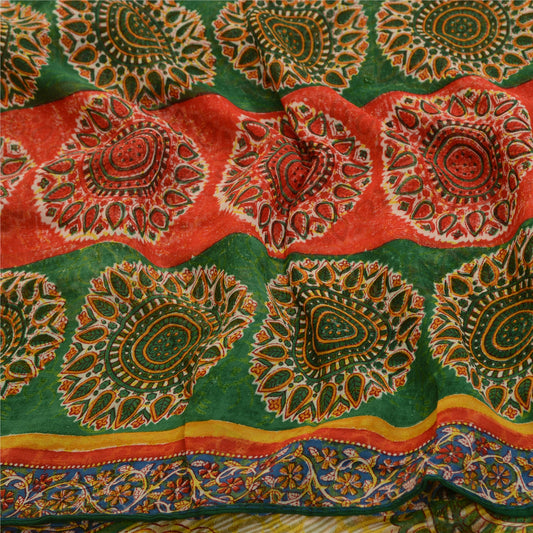 Sanskriti Vintage Sarees Rød/Grøn Ren Georgette Silke Trykt Sari Håndværk Bæredygtigt Stoff