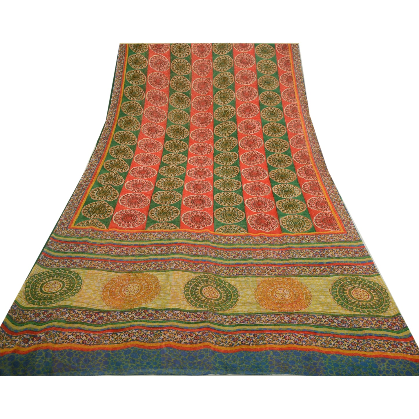 Санскритские винтажные сари из красного/зеленого чистого шелка-жоржета с принтом, сари из экологически чистой ткани