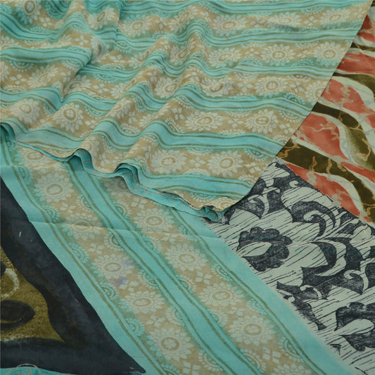 Sanskriti Vintage Sarees Blå Ren Georgette Silke Trykt Sari 5yd Håndværk Bæredygtigt Stoff