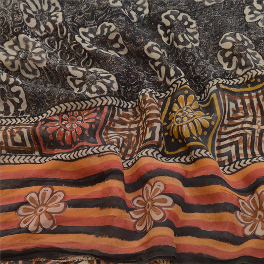 Sanskriti Vintage Sarees Brown Pure Georgette Silk Printed Sari 5yd Craft Sustainable Fabric