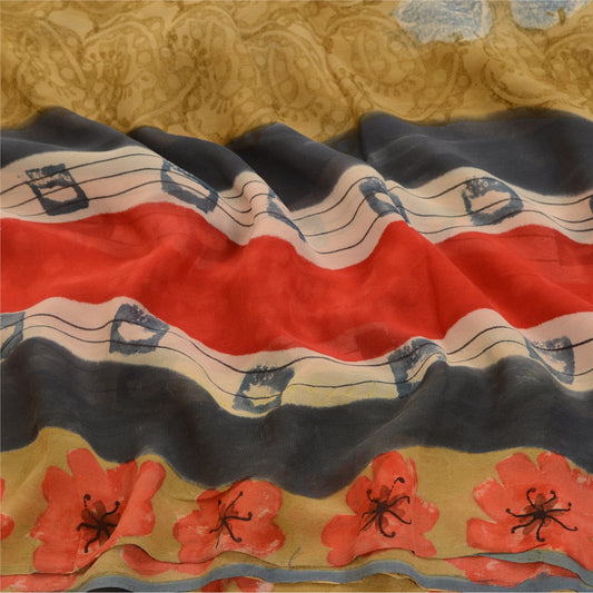 Sanskriti Vintage Sarees Multi Pure Georgette Silk Printed Sari 5yd Craft Sustainable Fabric