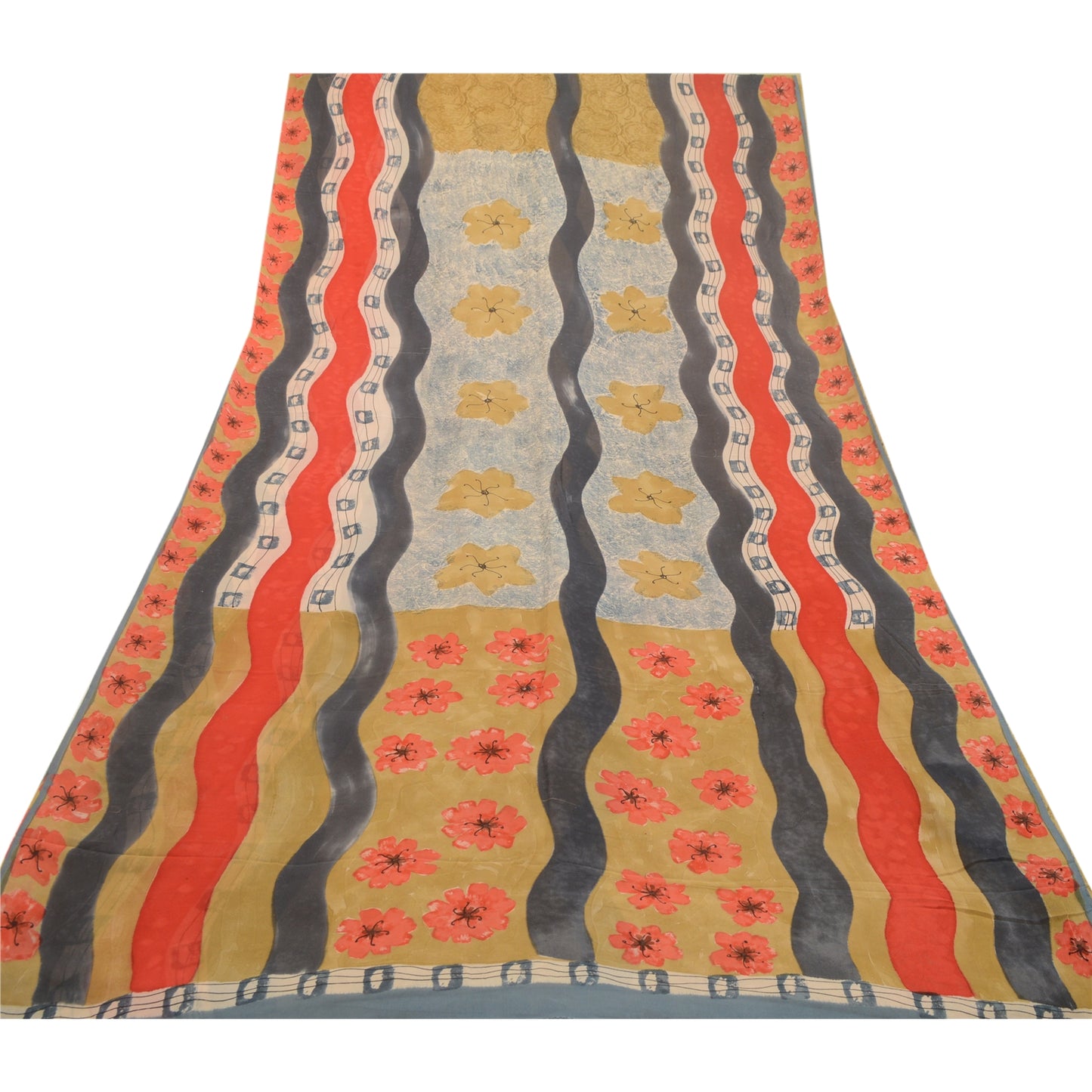 Sanskriti Vintage Sarier Multi Ren Georgette Silke Trykt Sari 5yd Håndværk Bæredygtigt Stoff