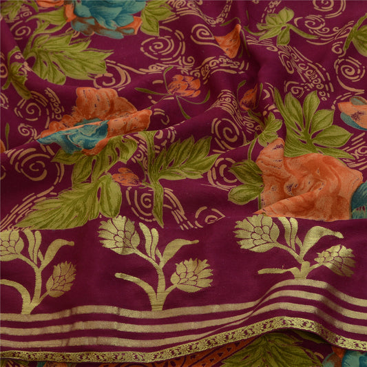 Sanskriti Vintage Sarees Purple Zari Border Blend Georgette Printed Sari Sustainable Fabric