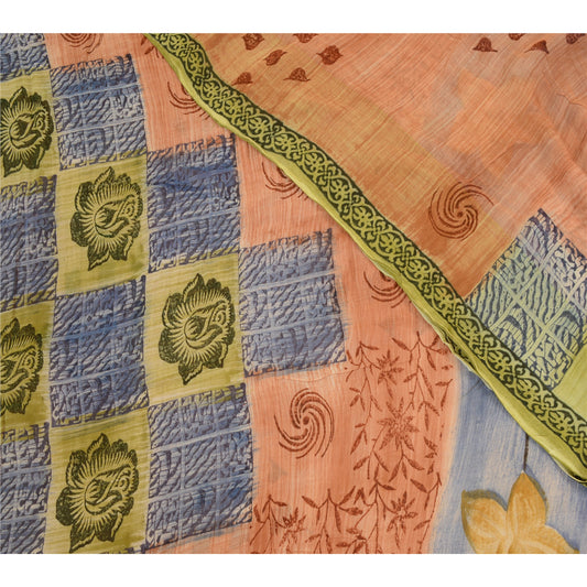 Sanskriti Vintage Sarees Peach Pure Georgette Silk Printed Sari 5yd Craft Sustainable Fabric