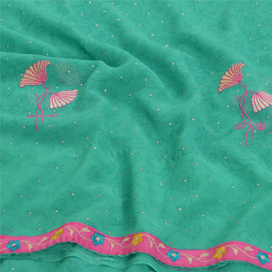 Sanskriti Vintage Sarees Grøn Broderet Mukesh Arbejde Georgette Sari 5 m Bæredygtigt Stof