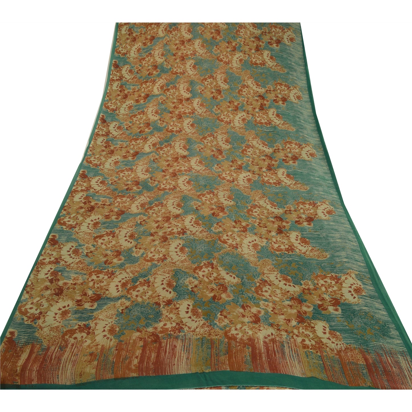 Sanskriti Vintage Sarees Green Printed Pure Georgette Silk Sari 5yd Craft Sustainable Fabric