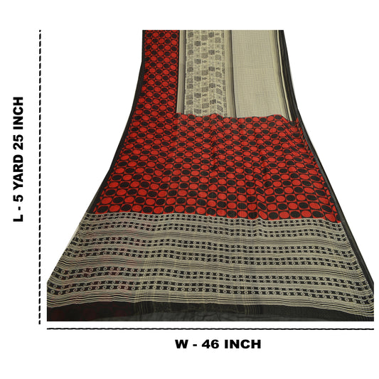 Sanskriti Vintage Sarees Black-Red Pure Georgette Silk Printed Sari Craft Sustainable Fabric