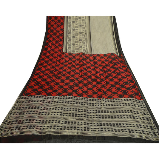 Sanskriti Vintage Sarees Black-Red Pure Georgette Silk Printed Sari Craft Sustainable Fabric