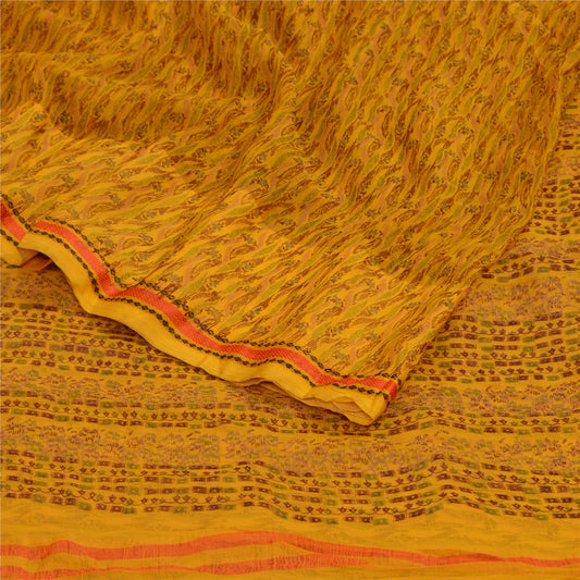 Sanskriti Vintage Sarees Yellow Pure Chiffon Silk Printed Sari 5yd Craft Sustainable Fabric