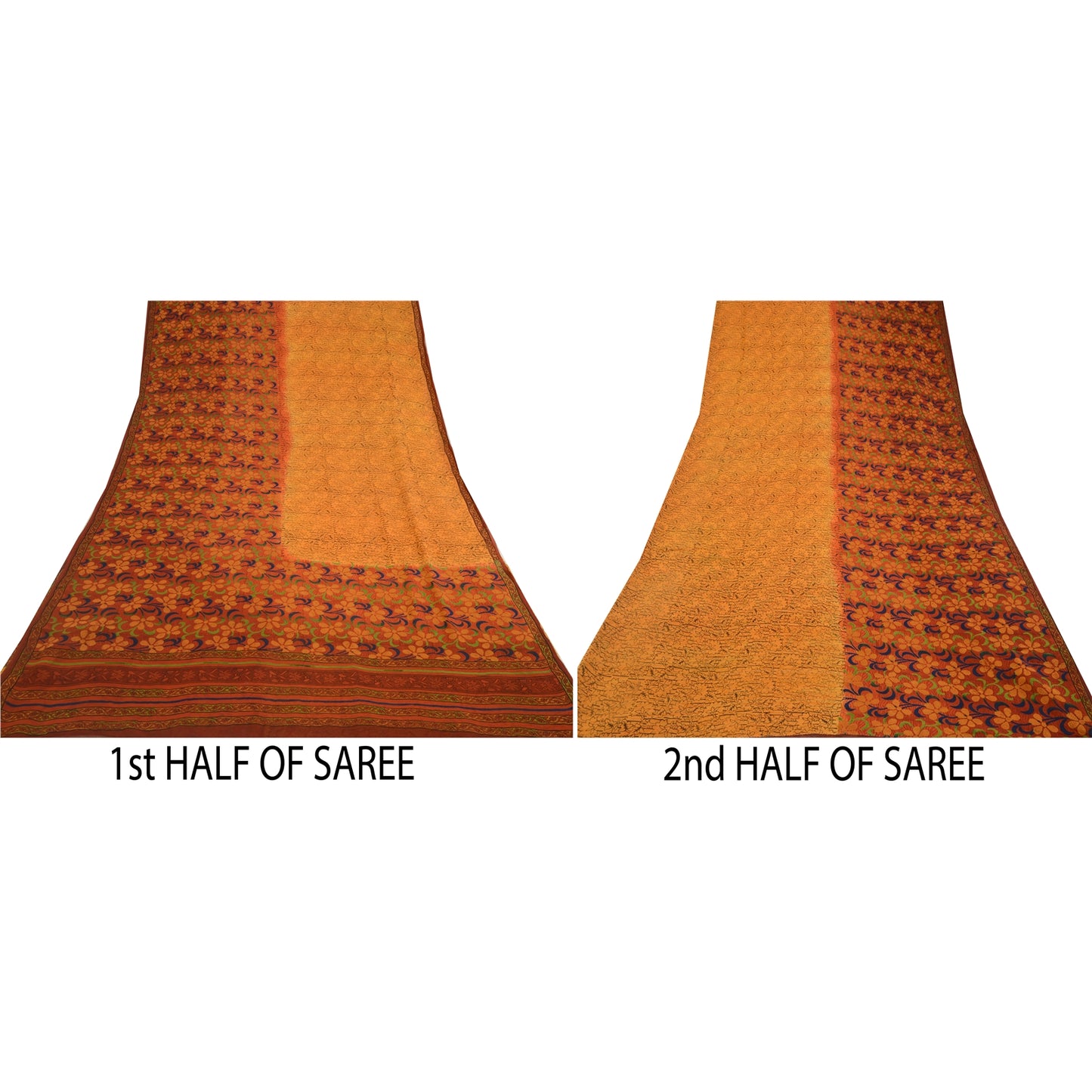 Sanskriti Vintage Sarees Gul & Rød Ren Georgette Silke Trykt Sari Bæredygtigt Stof