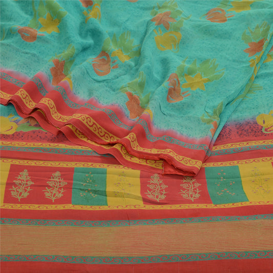 Sanskriti Vintage Sarees Indisk Blå Ren Georgette Silke Trykt Sari Håndværk Bæredygtigt Stoff