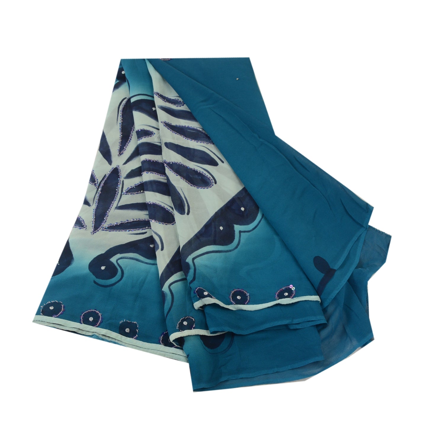 Sanskriti Vintage Sarees Blue Hand Beaded Pure Georgette Silk Sari Craft Sustainable Fabric