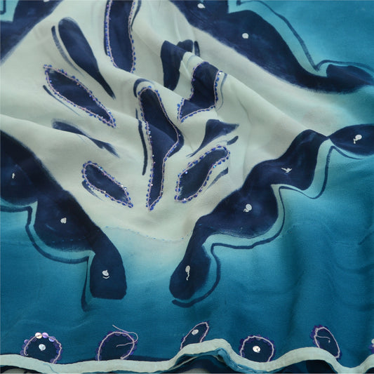 Sanskriti Vintage Sarees Blå Håndperlede Ren Georgette Silke Sari Håndlavet Bæredygtigt Stoff