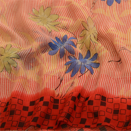 Sanskriti Vintage Sarees Fersken/Rød Ren Georgette Silke Print Sari Håndværk Bæredygtigt Stoff