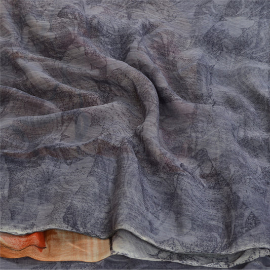 Sanskriti Vintage Sarees Grå/Brun Blend Georgette Trykt Sari Håndværksmæssigt Bæredygtigt Stoff