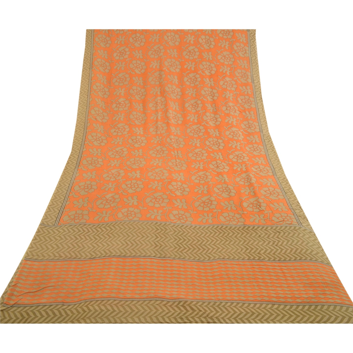 Sanskriti Vintage Sarees Orange Pure Georgette Silk Printed Sari Craft Sustainable Fabric