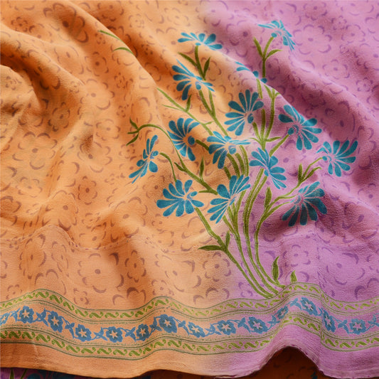 Sanskriti Vintage Sarees Orange/Lilla Ren Georgette Trykt Sari Håndværksmæssigt Bæredygtigt Stoff