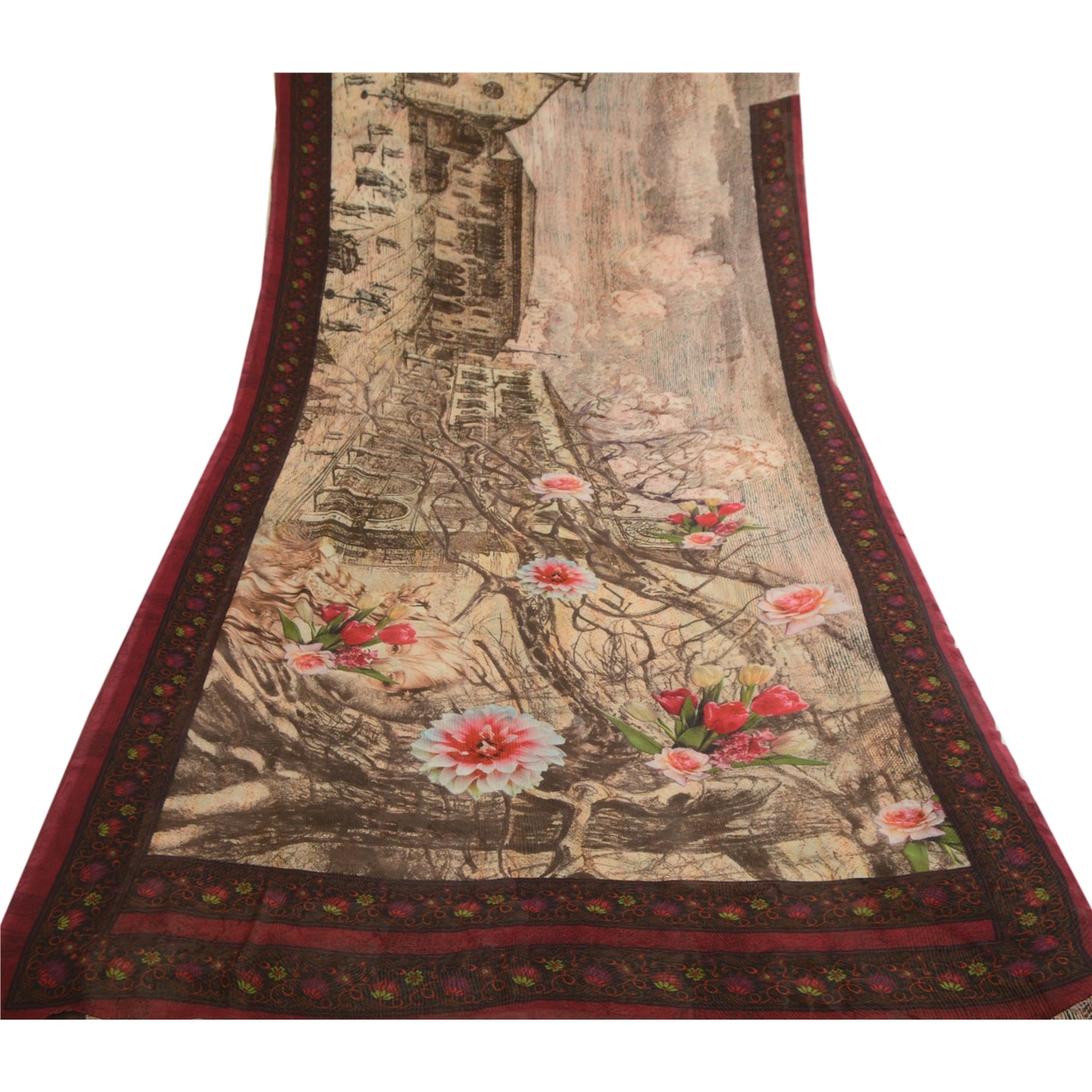 Sanskriti Vintage Sarees Indian Ivory Digital Print Georgette Sari Craft Sustainable Fabric