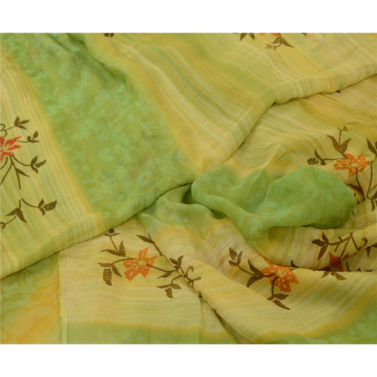 Sanskriti Vintage Sarees Green 100% Pure Chiffon Silk Printed Sari Craft Sustainable Fabric
