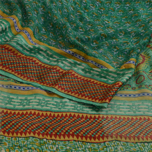 Sanskriti Vintage Sarees Green Block Printed Pure Chiffon Silk Sari Craft Sustainable Fabric