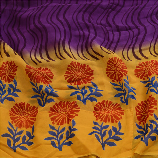 Sanskriti Vintage Sarees Lilla/Gul Ren Georgette Trykt Sari Håndværksmæssigt Bæredygtigt Stoff