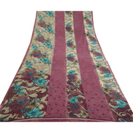 Sanskriti Vintage Sarees Indian Cream/Purple Georgette Printed Sari Craft Fabric