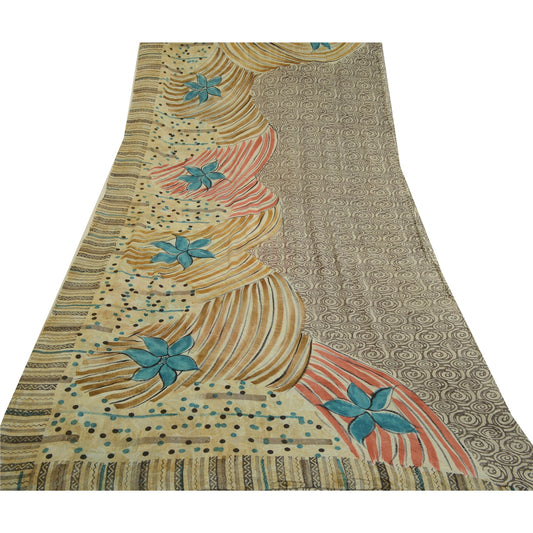 Sanskriti Vintage Sarees Indian Gray Pure Georgette Silk Print Sari Craft Sustainable Fabric